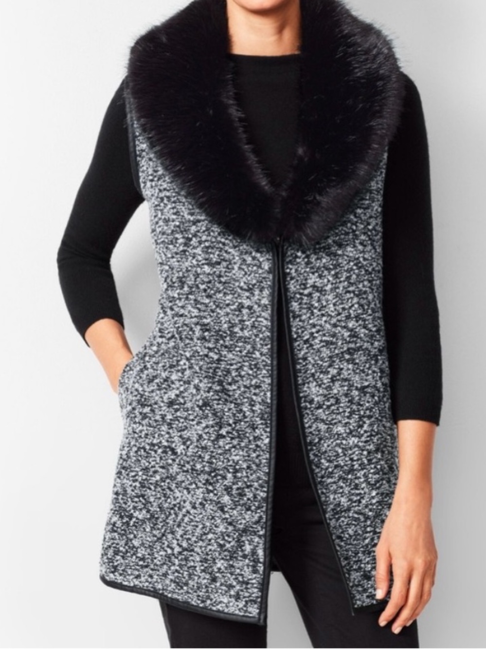 Talbots Women’s Vest Detachable Vegan Faux Fur Collar Wool Penny Lane in Black S